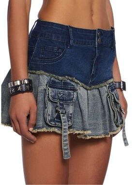 Dolls Kill Dark Blue Denim Mini Skirt with Utility Pockets